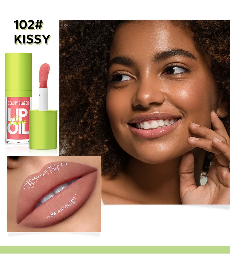 Moisturizing nude lip gloss with a lustrous mirror finish and natural shine, shown in shade 102# Kissy lip stain.