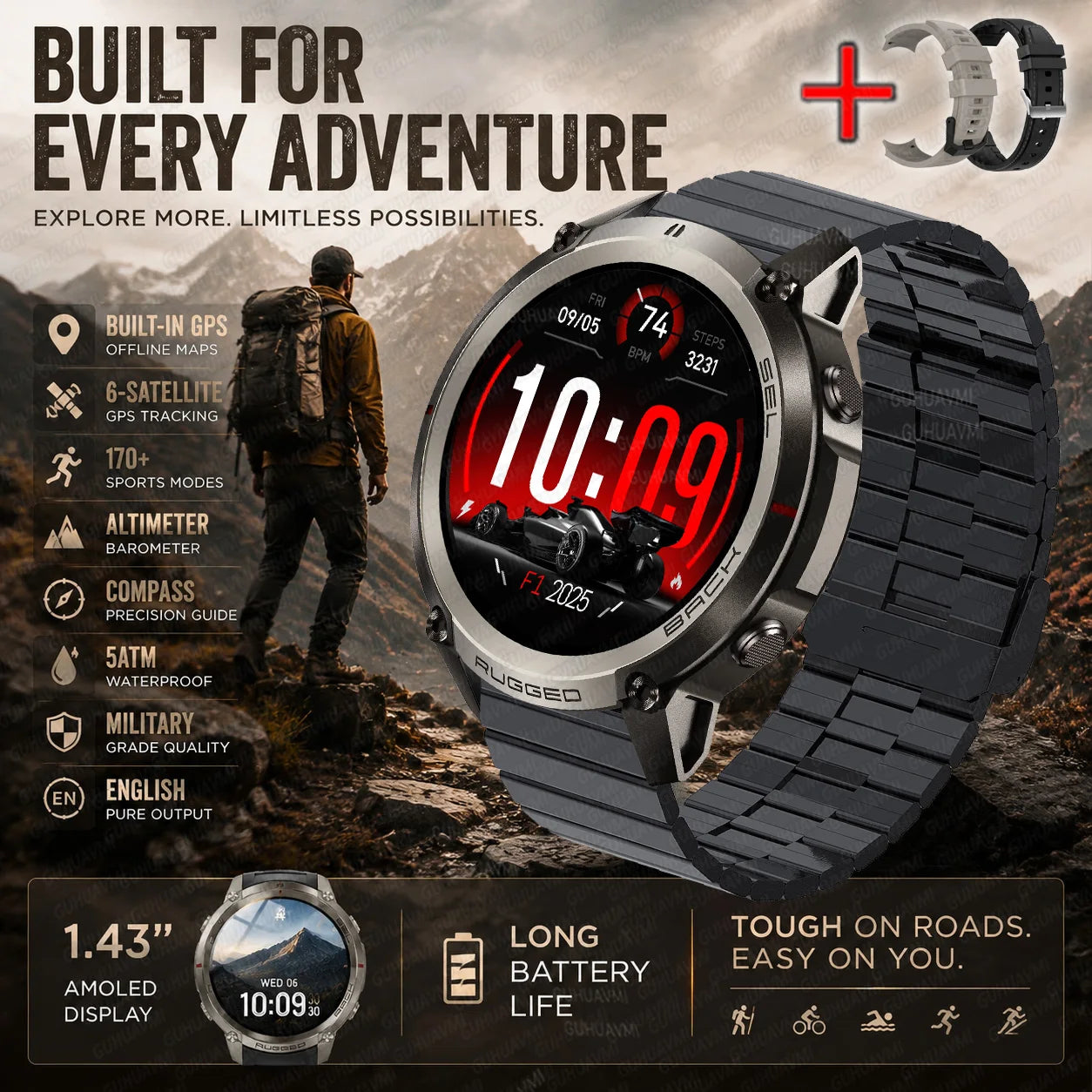 Silver GPS sports smartwatch with black metal bracelet and red backlit display