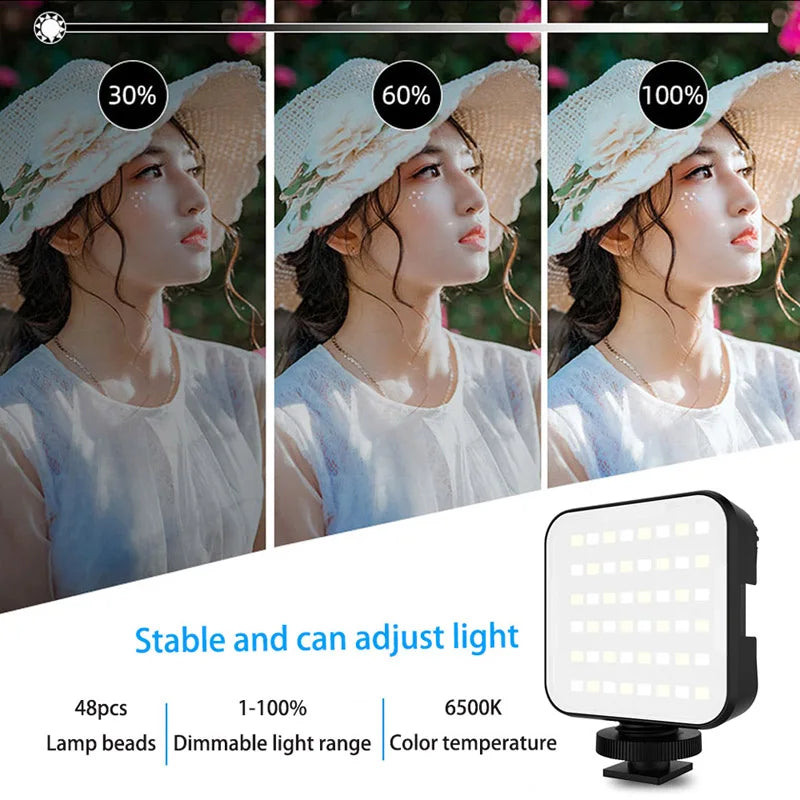 Square LED video light with 48 beads, adjustable brightness, and a cold shoe mount for photography and videography.