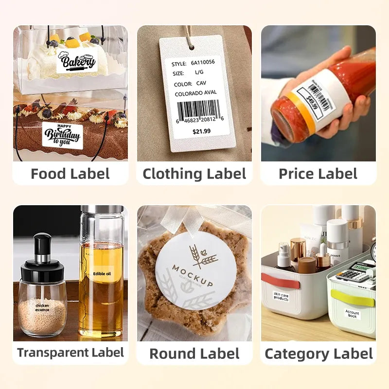 White label paper examples: food, clothing, price, transparent, round, and category labels.