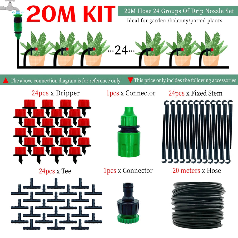 20 m micro drip irrigation system kit with drippers, connectors, fixed stems, and hose