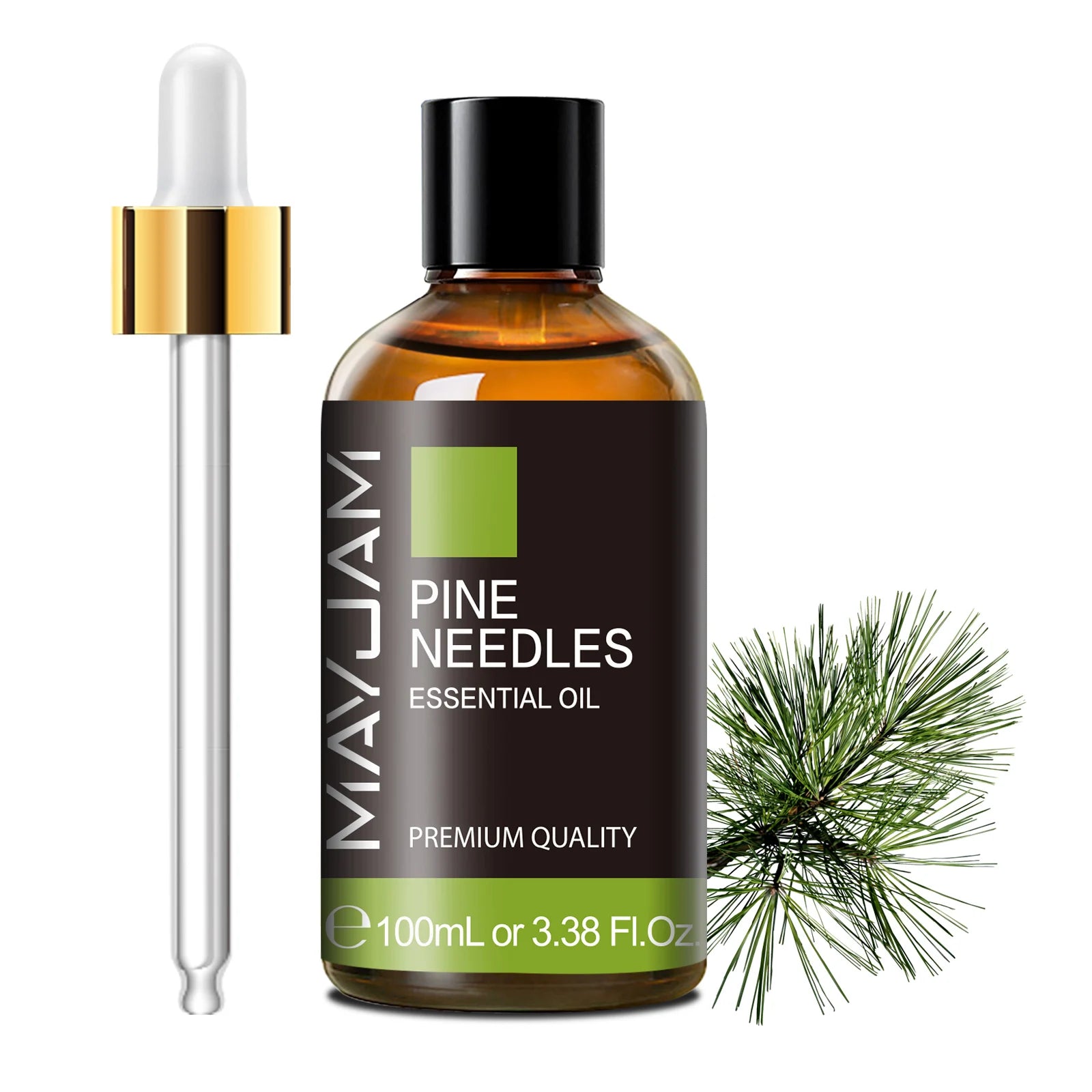 Pine needles essential oil bottle with dropper, amber glass, 100ml