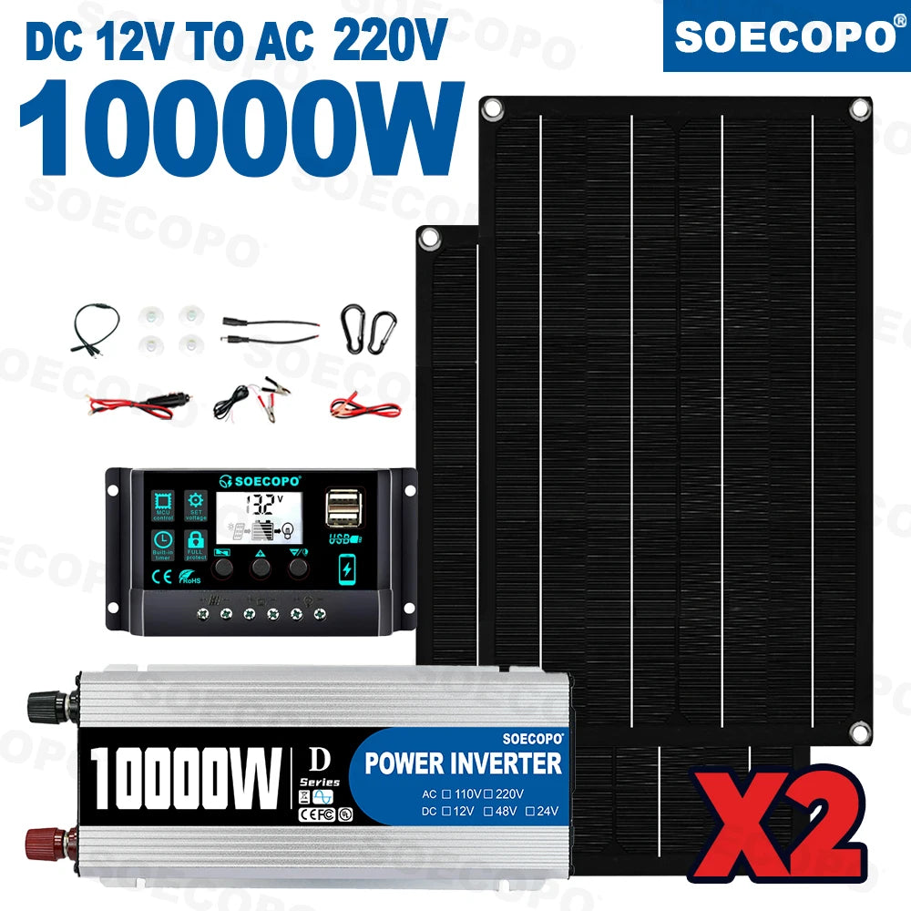 SOECOPO 10000W Solar Power Full Kit DC 12V - AC 110V 220V Inverter 100A Controller 2*600W Panels for Home System Camping