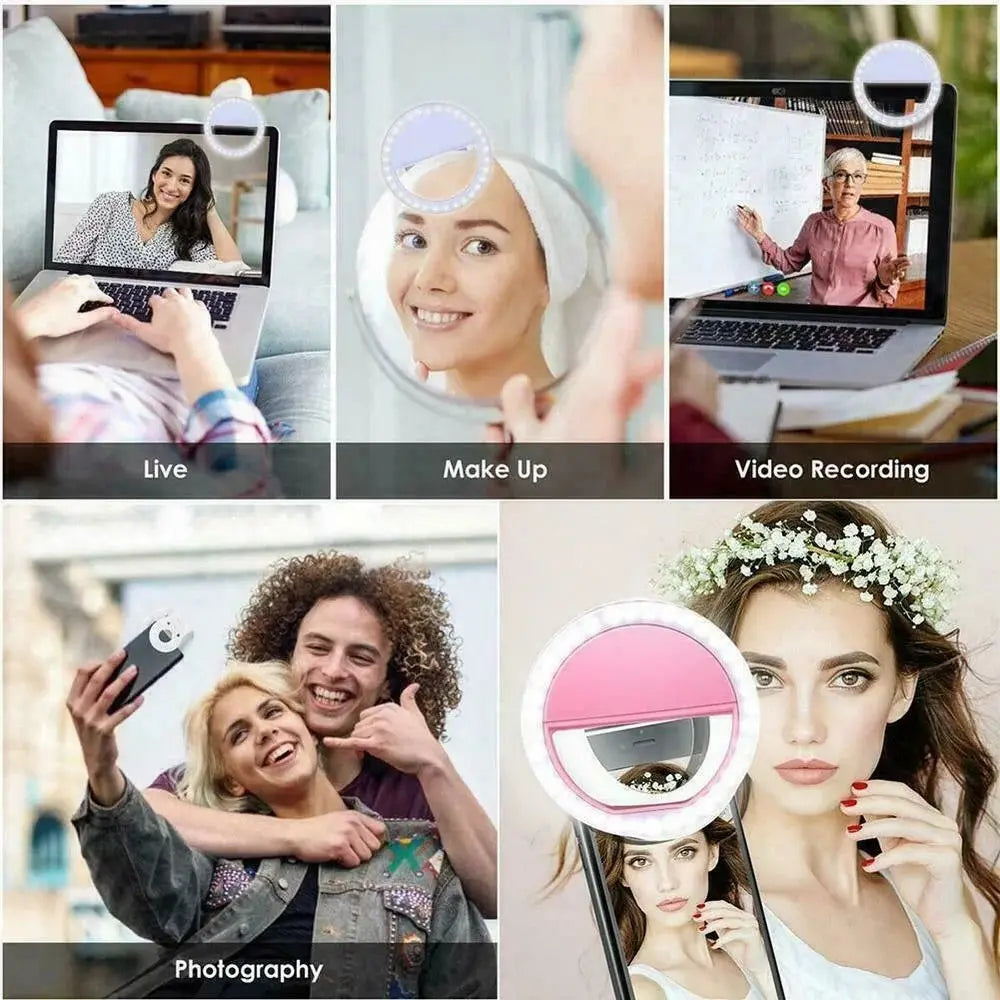 Small circular clip-on LED ring light for smartphones and laptops to provide extra illumination for video and photos.