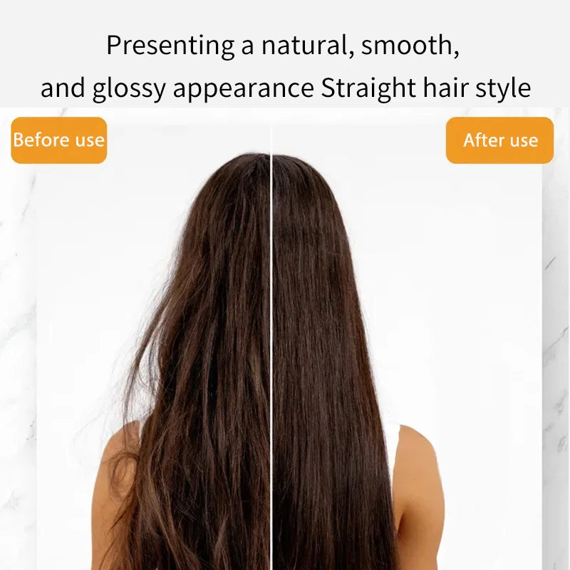 Before and after comparison of hair straightened using a 2-in-1 professional ionic hair straightener and dryer.