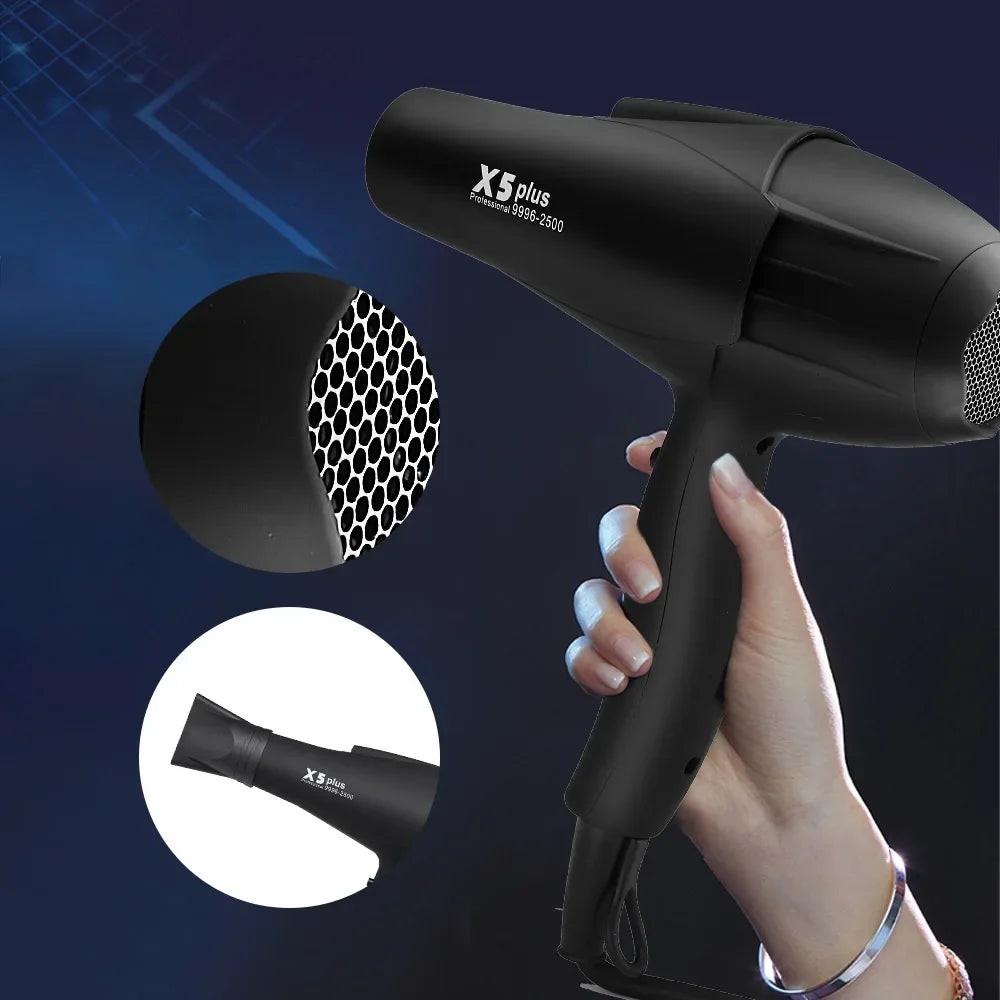 RESUXI X5 2500W professional black hair dryer with concentrator nozzle, ionic fast-dry tech for salon-grade styling.
