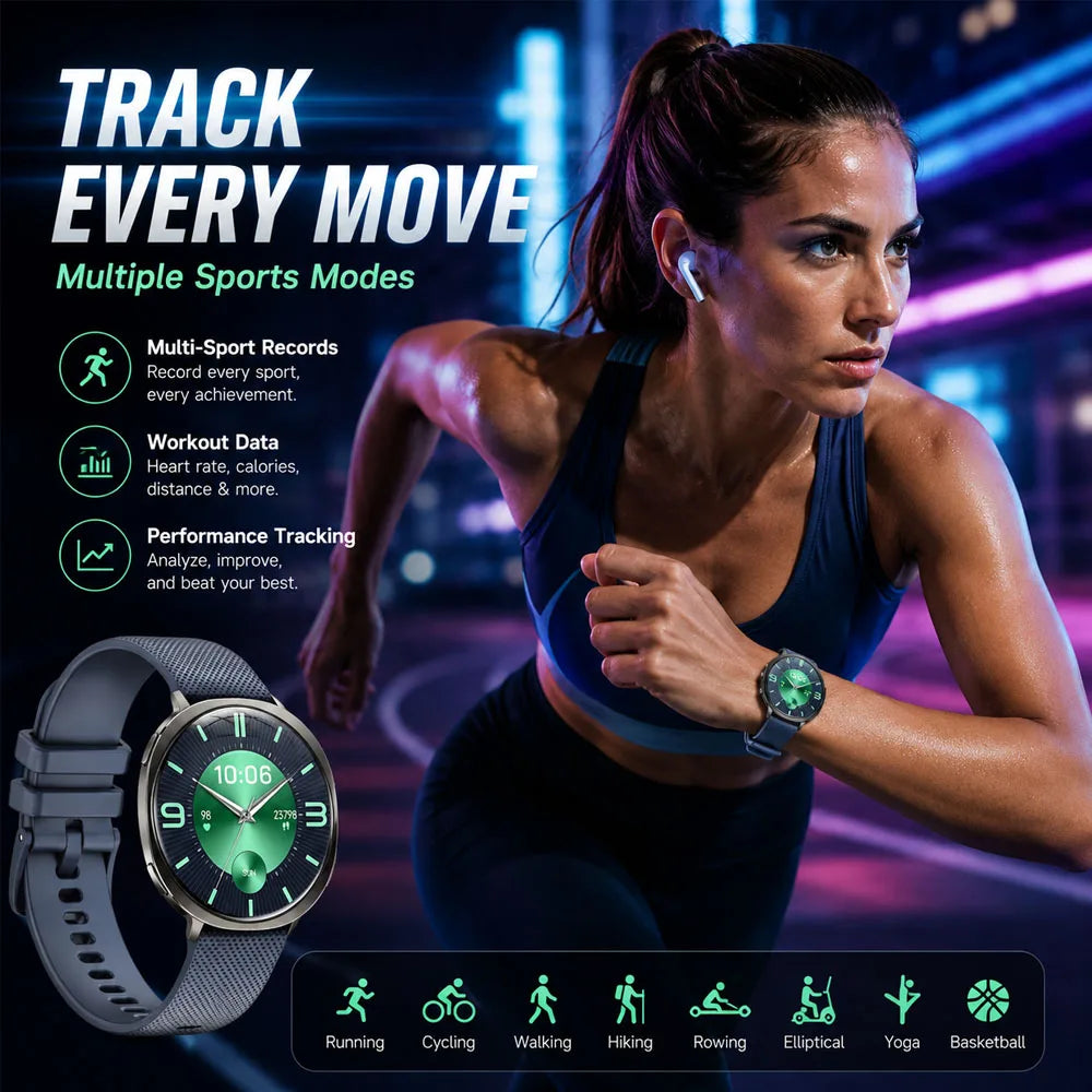 New M301 Smart Watch Round AMOLED Curved Screen Dial Call Alarm Clock Flashlight Health Tracking Fitness Smart Watch Women