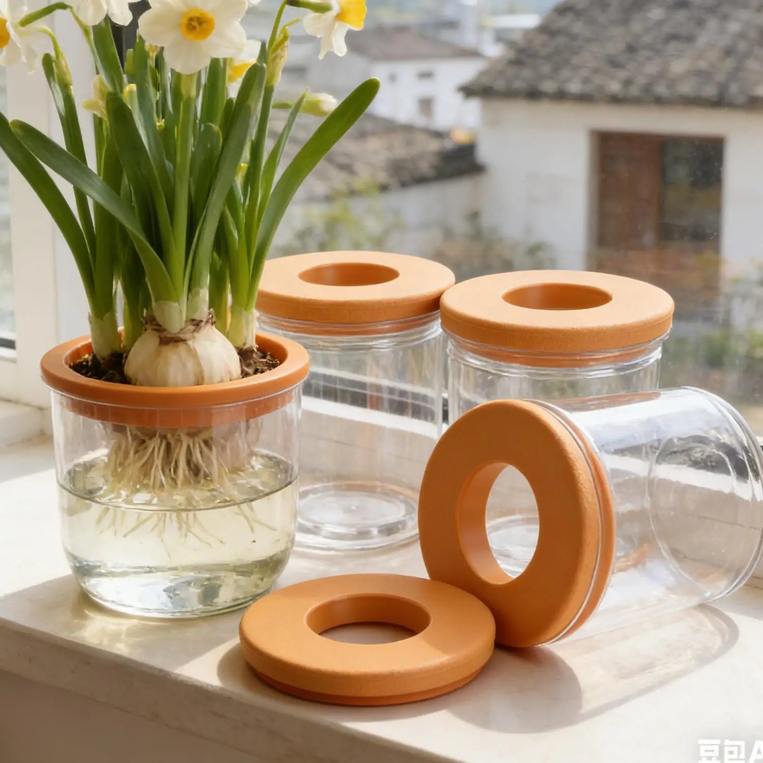 Transparent hydroponic plant pot containers with orange lids and non-slip bases, holding bulbs