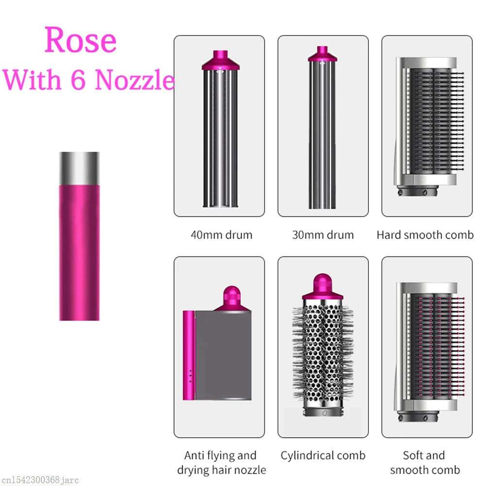 SenCiciMen X9 rose gold multi hair styler set with 6 attachments: curling drums, brushes, and professional dryer nozzle.