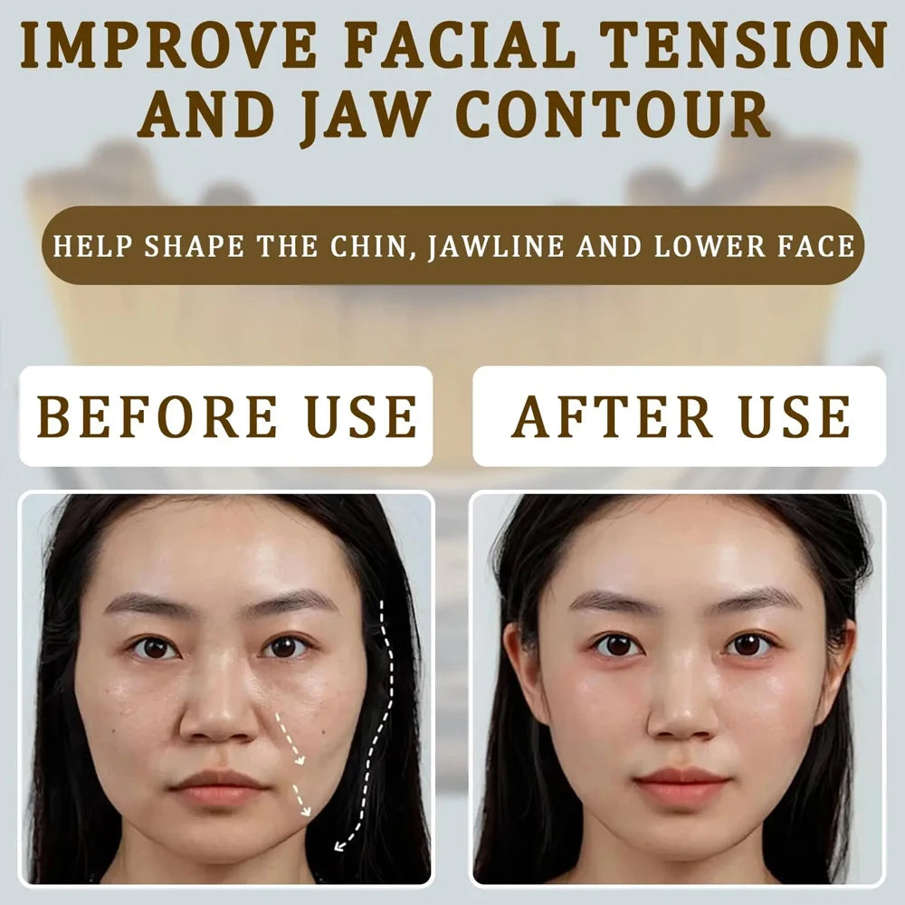 Before and after comparison of a person's face showing results from using a lymphatic contour face sculpting brush.