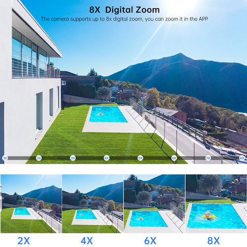 Outdoor security camera shown with wide-area zoom views on a yard scene
