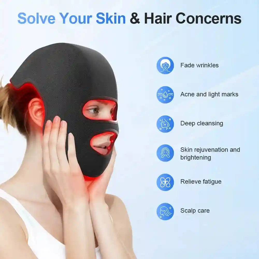 4-color LED hat and face mask for red light therapy to rejuvenate skin and nourish hair with 660nm and 850nm light.