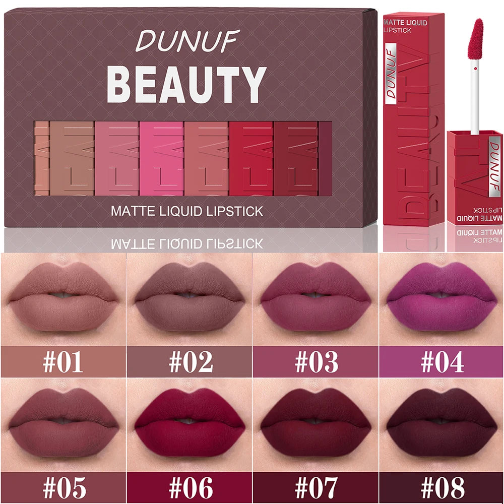 8pc matte liquid lipstick set with waterproof, long-lasting nude and bold shades for a smooth, non-stick velvet finish.
