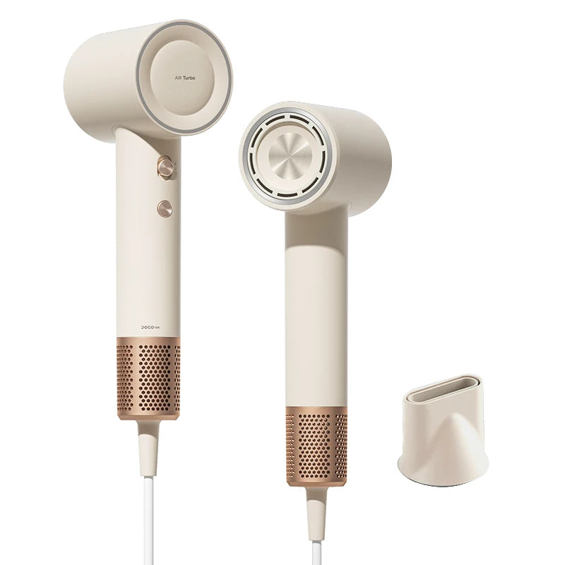 DOCO high-speed negative ion hair dryer in beige with rose gold accents, nozzle attachment, and sleek modern design.