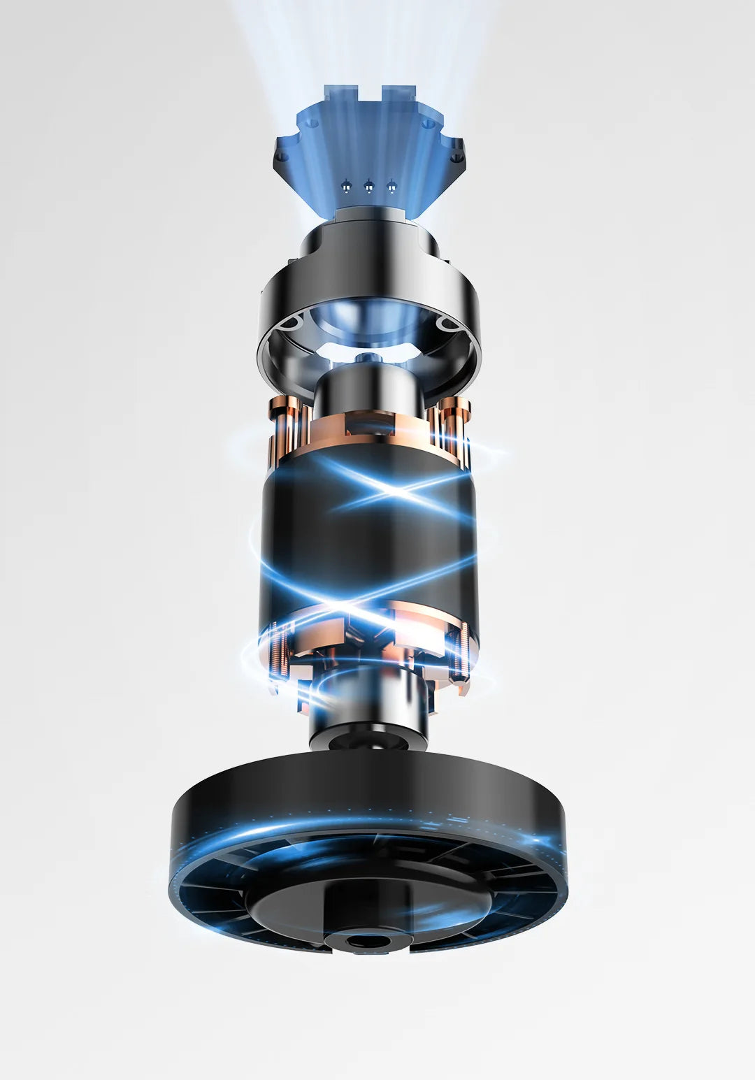 Xiaomi Mijia H501 SE high-speed hair dryer 110k RPM motor internal structure with glowing blue airflow technology.