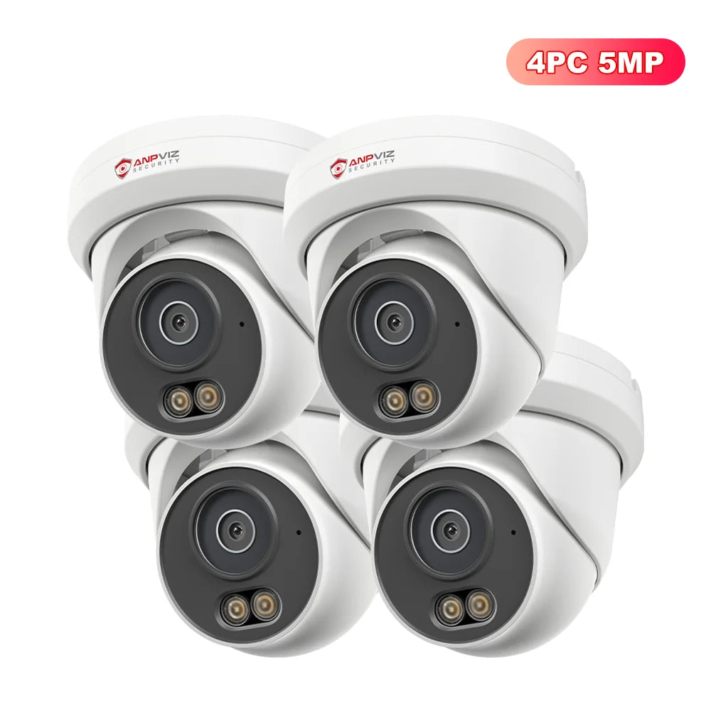 Set of four white turret IP security cameras with dual IR LEDs, 5MP