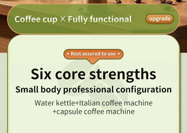Compact Italian capsule coffee machine with integrated kettle in a modern, light green aesthetic design.
