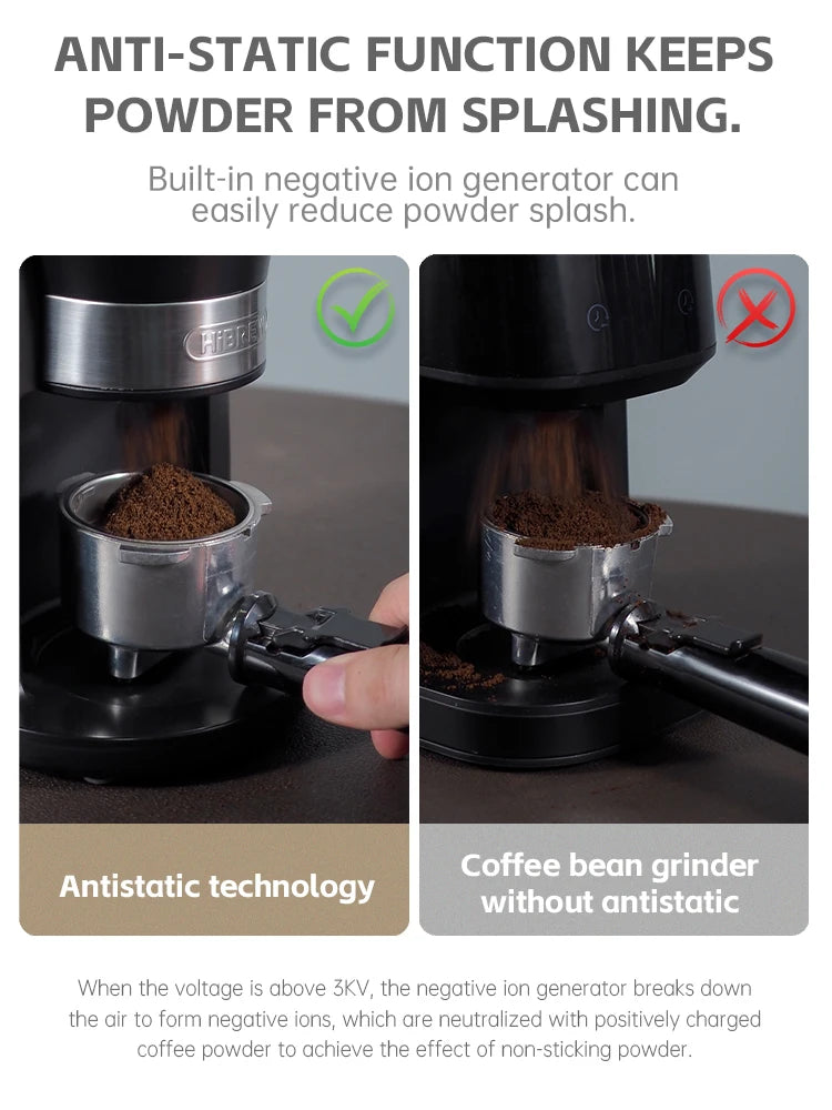 HiBREW coffee grinder showing anti-static ion technology vs standard grinding to prevent messy coffee powder splashing.