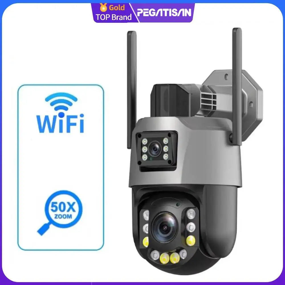 Outdoor PTZ WiFi security camera, dual lenses, dark gray body with two antennas