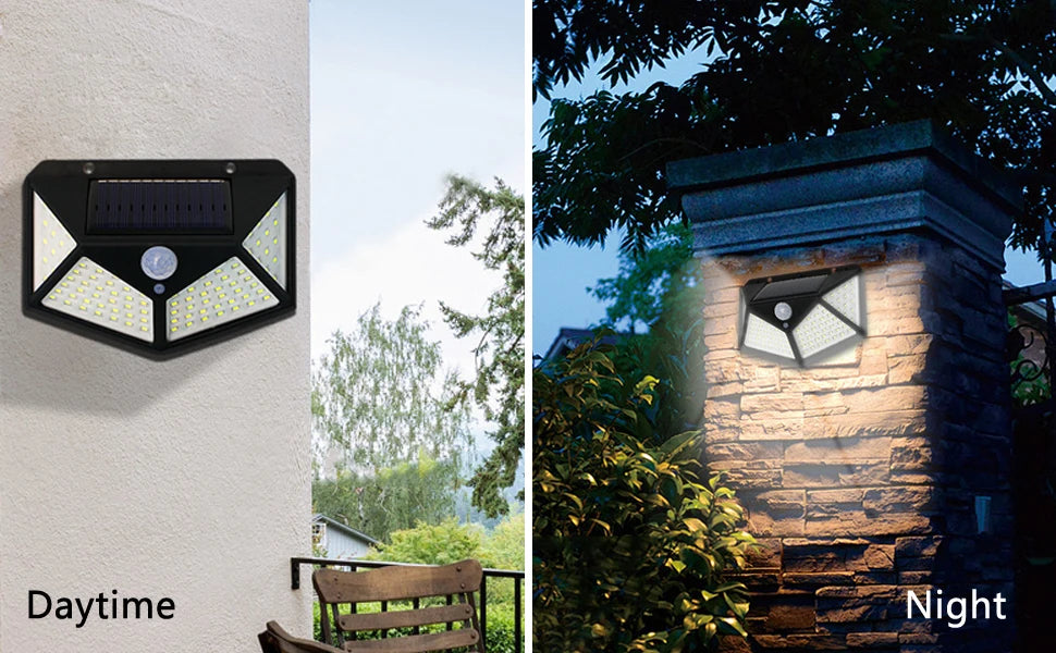 4Pack 100 LED Outdoor Solar Lights with Motion Sensor and 3 Lighting Modes, IP65 Waterproof Solar Wall Lights Ideal for Garden Patio Yard