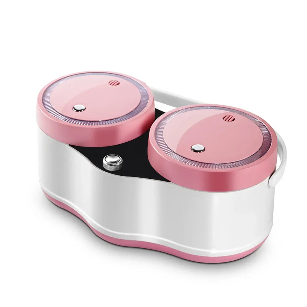 Electric double-pot rice cooker, pink lids on white body with front control knob