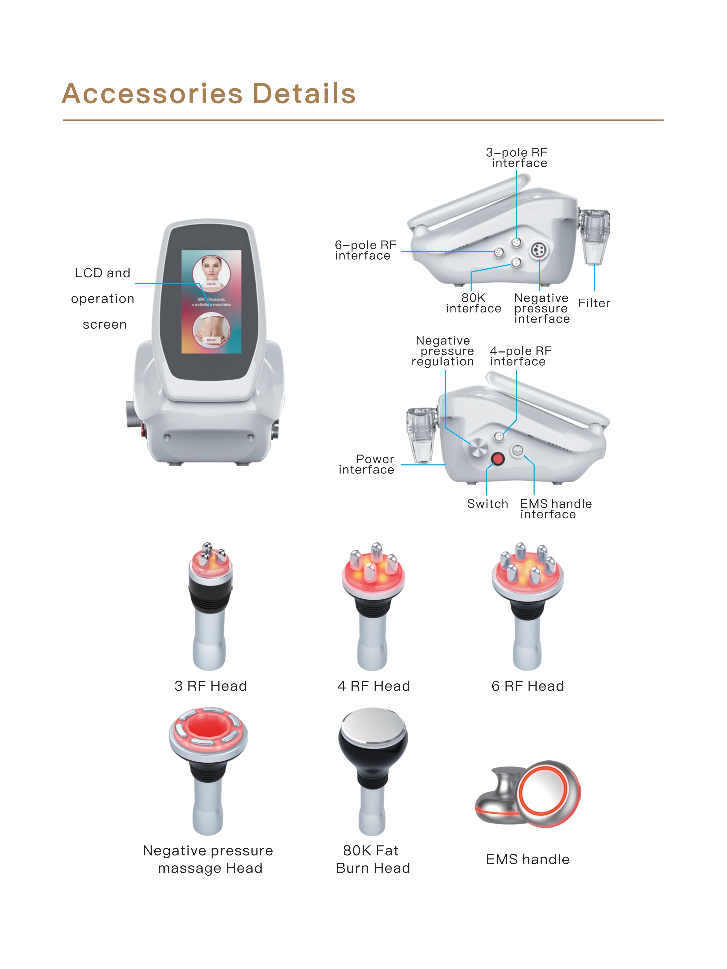 6-in-1 ultrasonic cavitation machine with RF handles, LCD screen, and labeled body sculpting therapy accessories.