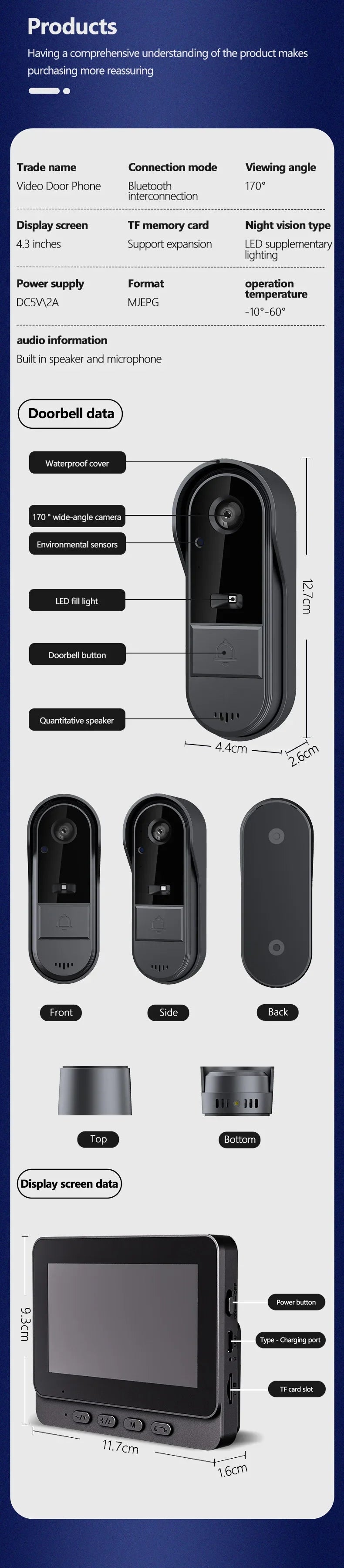 Wireless intercom Doorbell HD Night Vision 4.3in lPs screen Waterproof Visual Doorbell camera smart Home security Video By Bell