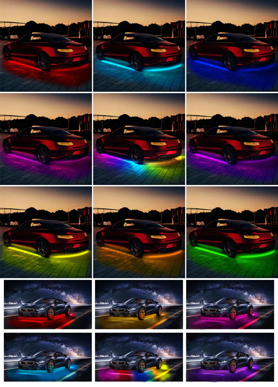 Multi-color LED car underglow light strips casting vibrant neon light patterns on the ground beneath parked vehicles.