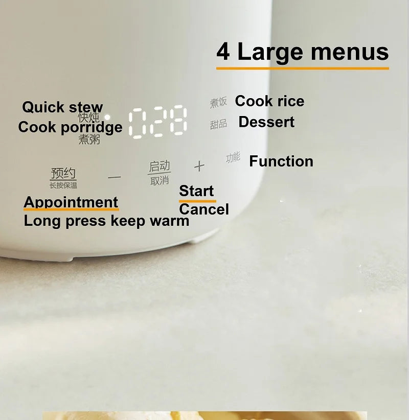 White mini electric rice cooker lid and control panel on the base