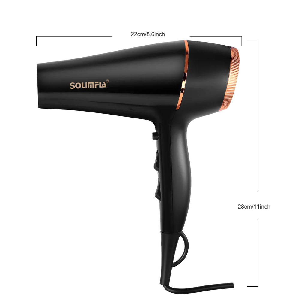 Black professional 6-level salon hair dryer with rose gold accents, ergonomic handle, and quick-dry styling heat.