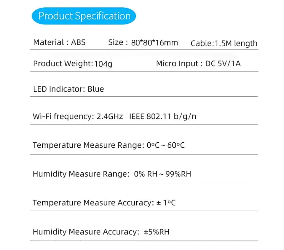 WiFi Temperature Humidity Sensor - Backlit Smart Climate Monitor Tidesmit