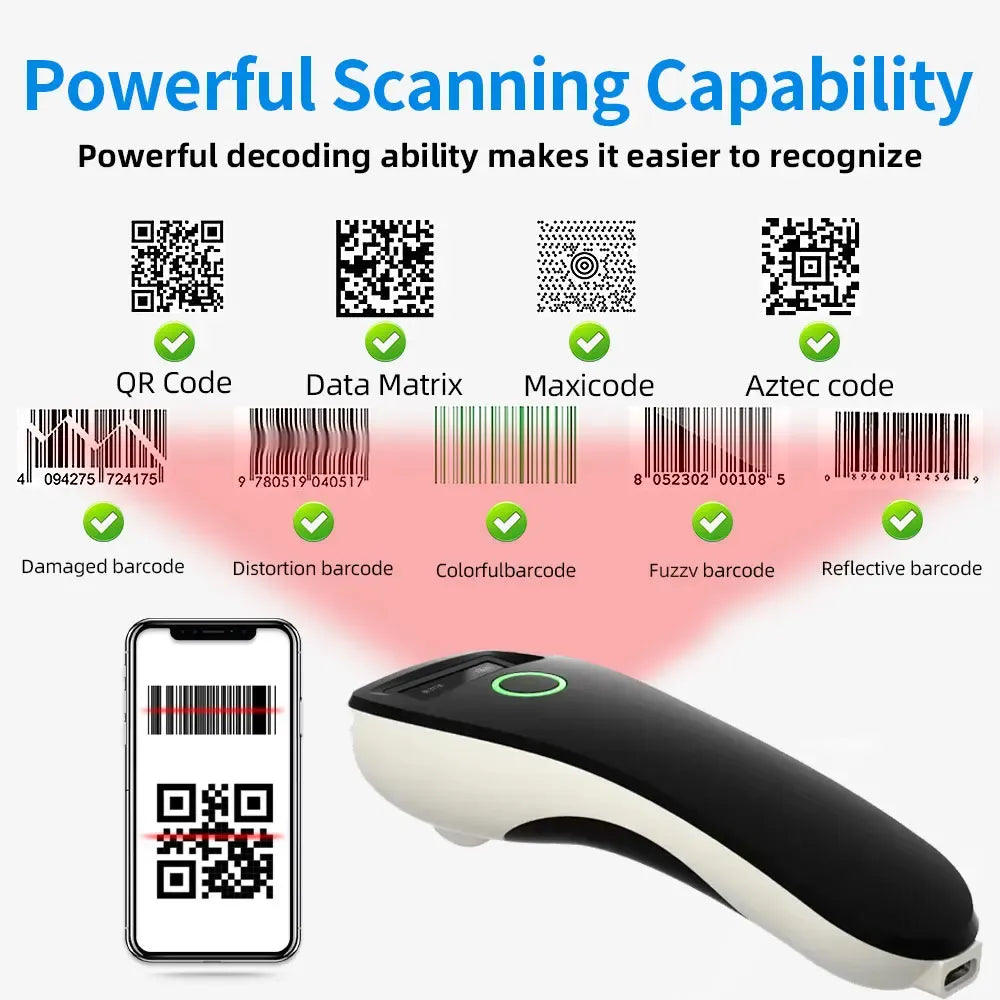 Mini Handheld Portable Barcode Scanner 2.4G Wireless/Bluetooth/USB 1D 2D QR Code Data Matrix PDF417 Reader With Storage Function