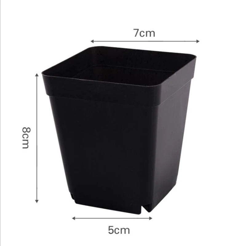 Black plastic mini flower pot, square open top for nursery or succulents, 7 x 8 cm