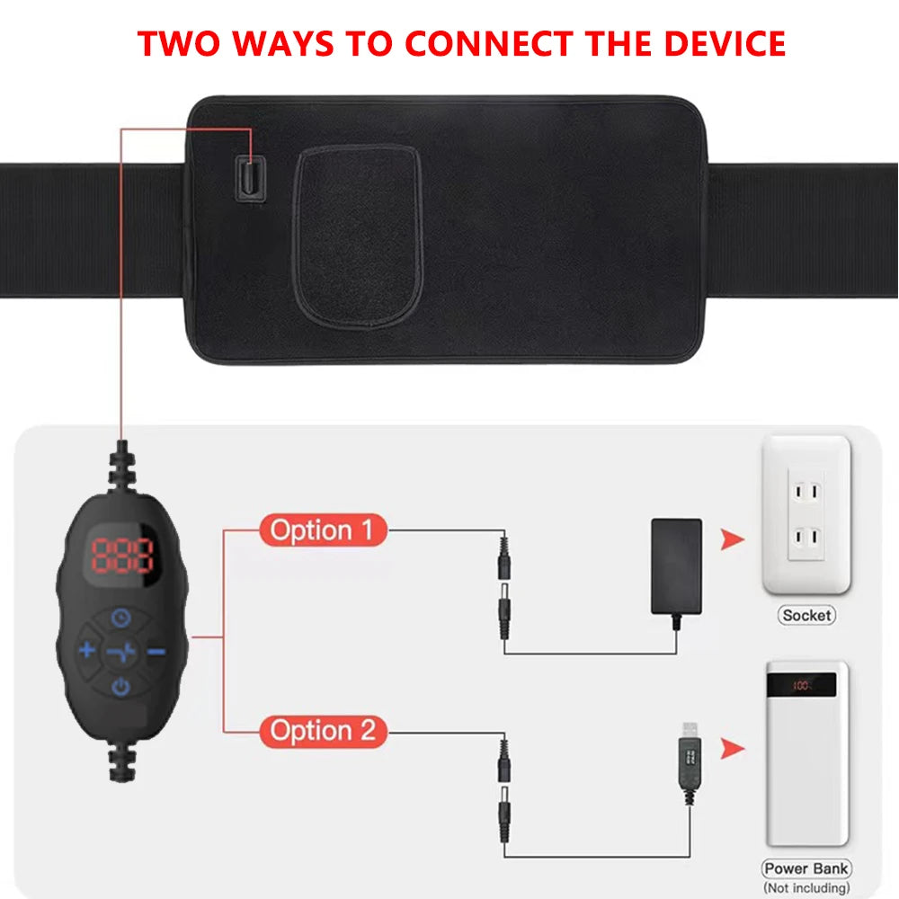 Black LED red light therapy belt with digital controller, showing power options via wall socket or portable power bank.