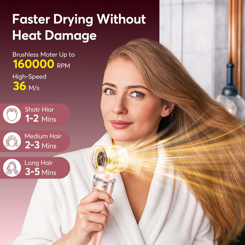5-in-1 high-speed hot air styler brush in rose gold drying hair quickly for damage-free salon blowout styling.