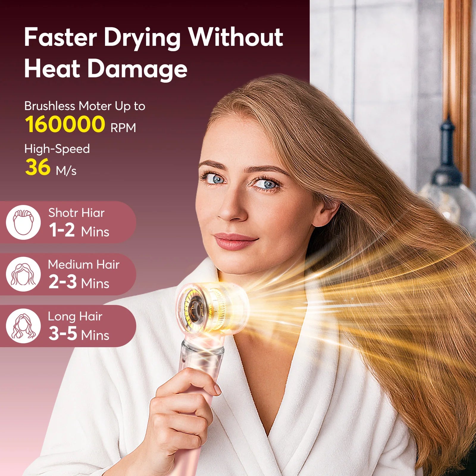 5-in-1 high-speed hot air styler brush in rose gold drying hair quickly for damage-free salon blowout styling.