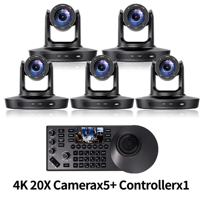 Video conferencing PTZ camera kit: four black PTZ units and a control console