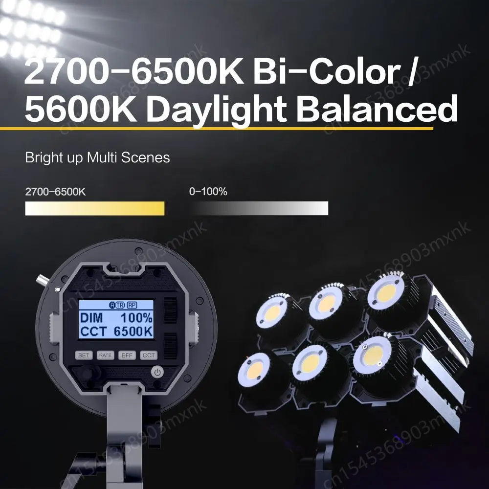 Bi-color LED video light array with six round COB lamps, black frame, and rear digital display for lighting production.