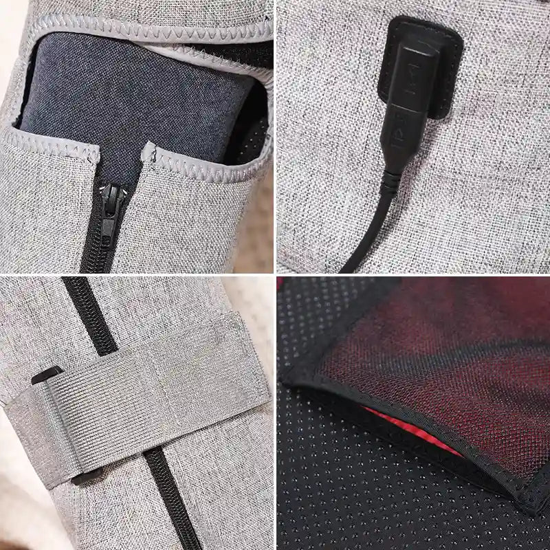 Gray fabric heating boot with zipper, adjustable Velcro straps, power cable, and internal red light therapy mesh.