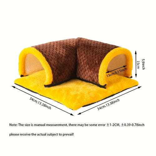 Tidesmit corner guinea pig hideout made of soft brown and yellow fleece with tunnel-shaped entries and size labels.