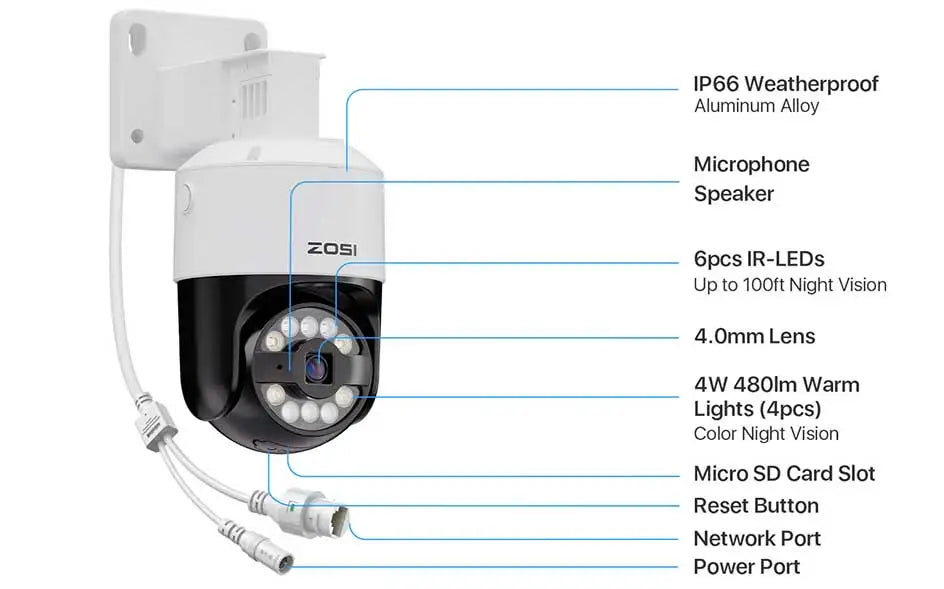 ZOSI 8MP 5MP PoE Outdoor IP Security Camera AI Detection Starlight Color Night Vision 4K 3K HD PTZ Video Surveillance Cam CCTV