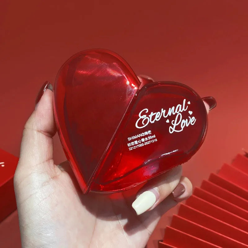 Shimang Eternal Love EDP: Heart-shaped red bottle, fresh floral vegan women's perfume, long-lasting elegant scent.