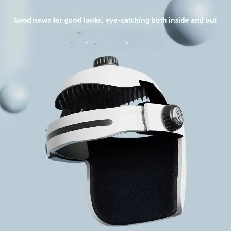 White integrated head and eye massager helmet with scalp massage prongs for home therapy and relaxation.