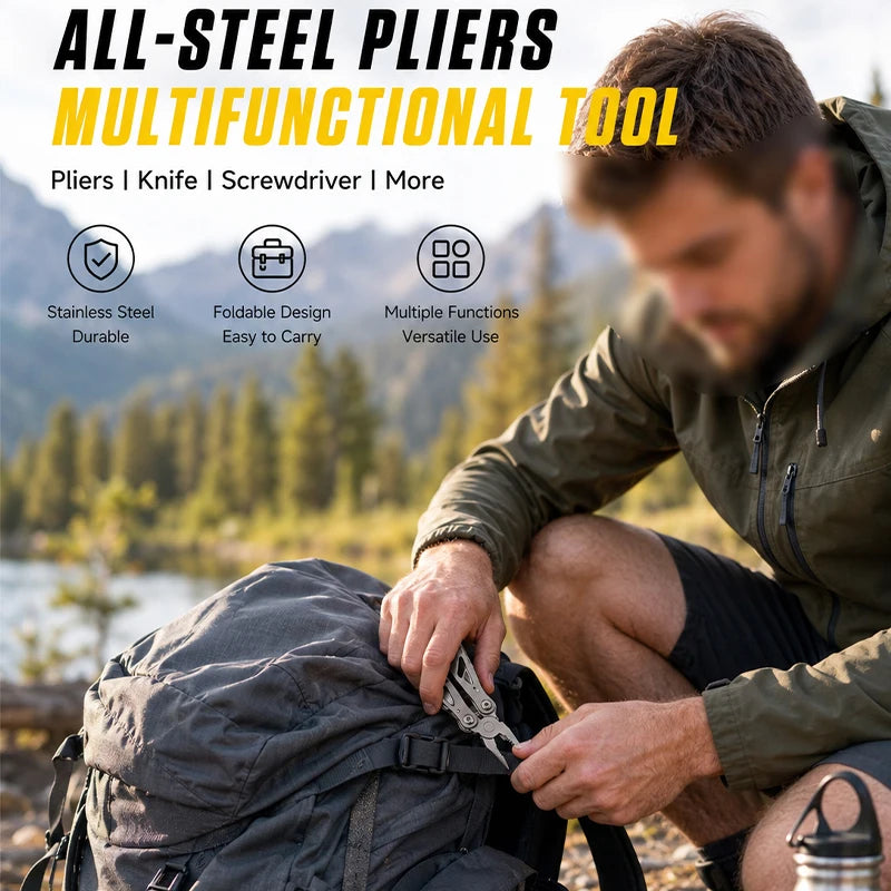 All-Steel Multi-Function Pliers Tool Foldable Pocket Keychain Knife Set with Bottle Opener Screwdriver for Outdoor Hiking