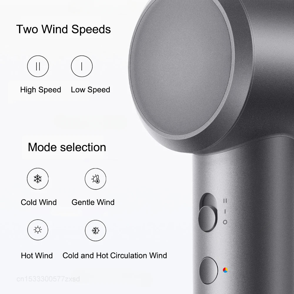 Grey Mijia H501 high-speed hair dryer showing wind speed and temperature control interface for quick hair drying.