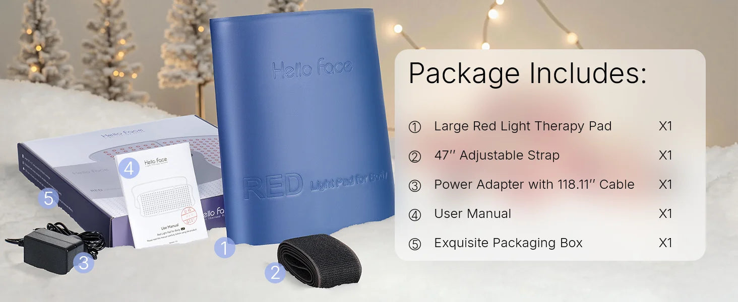 Blue Hello Face red light therapy mat, adjustable strap, power adapter, manual, and box against a festive background.