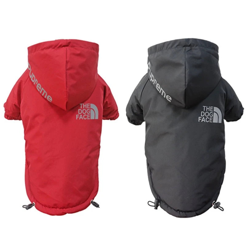 Red and black waterproof, windproof hooded dog jackets for warm winter protection. Reflective pet clothes for safety.