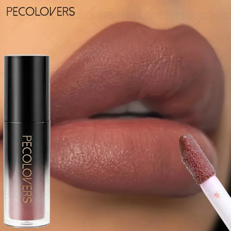 Pecolovers non-drying matte lip gloss in a sleek black tube, showcasing a long-lasting, plump brown lipstick shade.