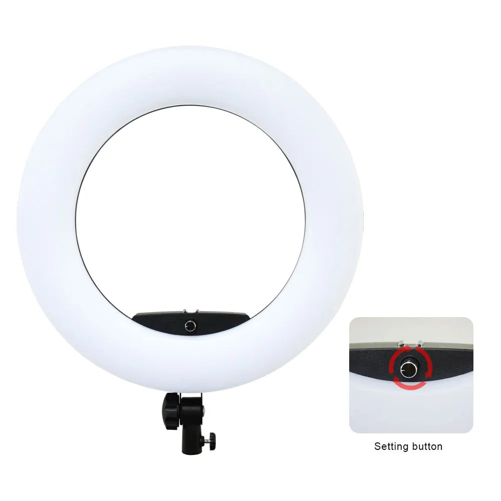 Circular LED ring light for photography and video with a central adjustment dial and mounting stand attachment.