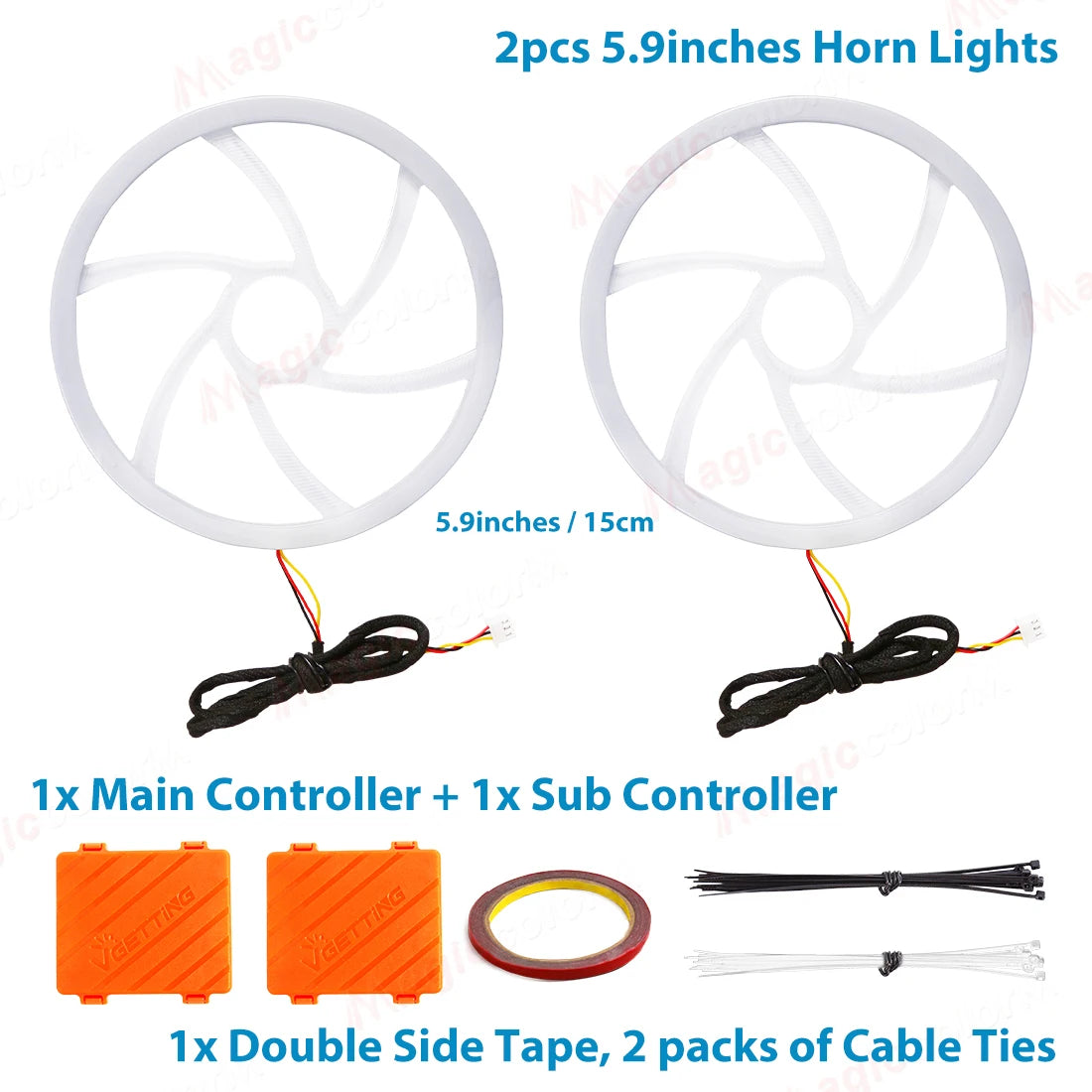 Two 5.9-inch circular white horn lights with wiring, two orange controllers, double-sided tape, and cable ties.